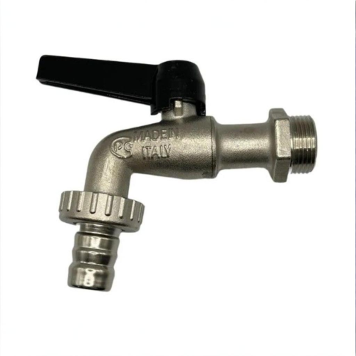 Кран шаровый латунный угловой стандартнопроходной с ручкой-рычагом НР-штуцер Ру 16 Bugatti 689 Bugatti 14 мм 3/4" в Новосибирске